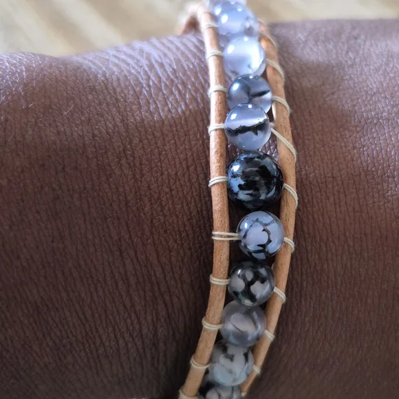 Handmade Leather Braclet With Black Dragon Vein Agate! - Picture 5 of 7